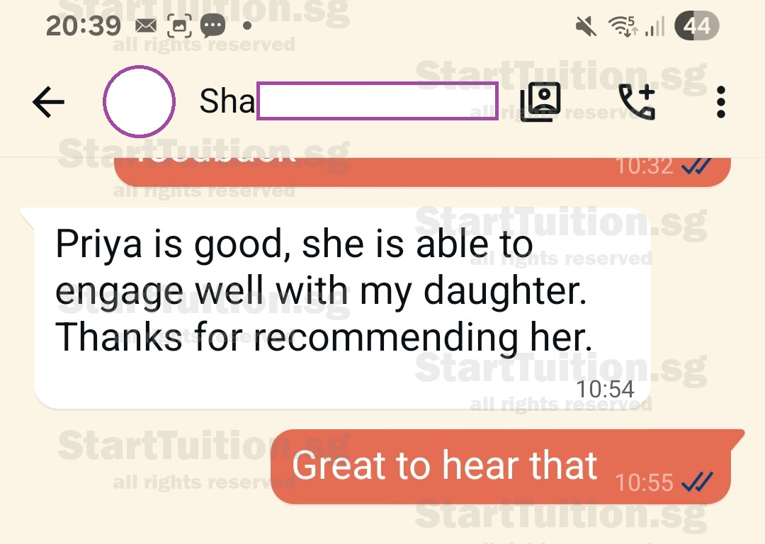 Screenshot of Parent's Testimonial for Pri 3 Tamil tuition